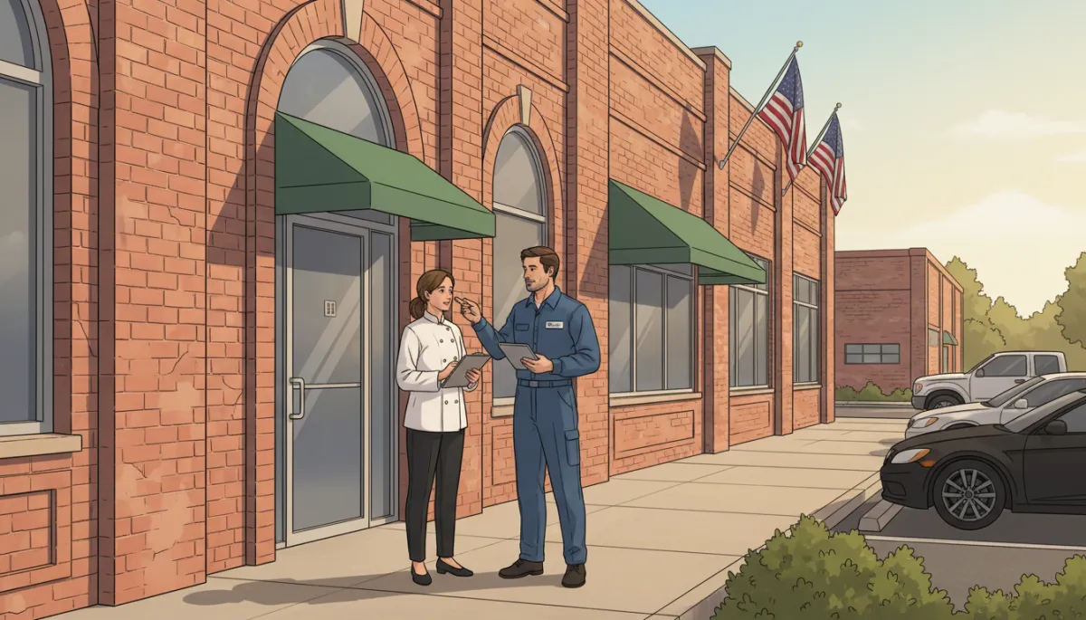Photorealistic commercial HVAC technician in uniform talking with a restaurant manager outside a brick commercial building in Tupelo, Mississippi, sunny afternoon, American flags and parked cars visible