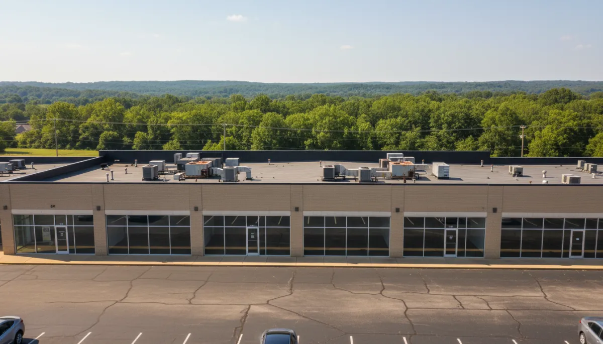 Wide photorealistic shot of a North Mississippi commercial retail strip with multiple rooftop HVAC units visible, summer heat haze over parking lot, green trees and rolling hills in background