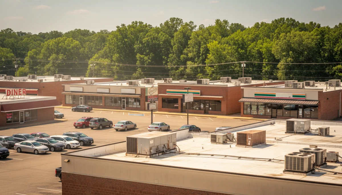 Photorealistic close-up of busy Tupelo commercial strip at midday with multiple businesses, parking lot, and rooftop HVAC units visible, shimmering summer heat and green Mississippi trees in background