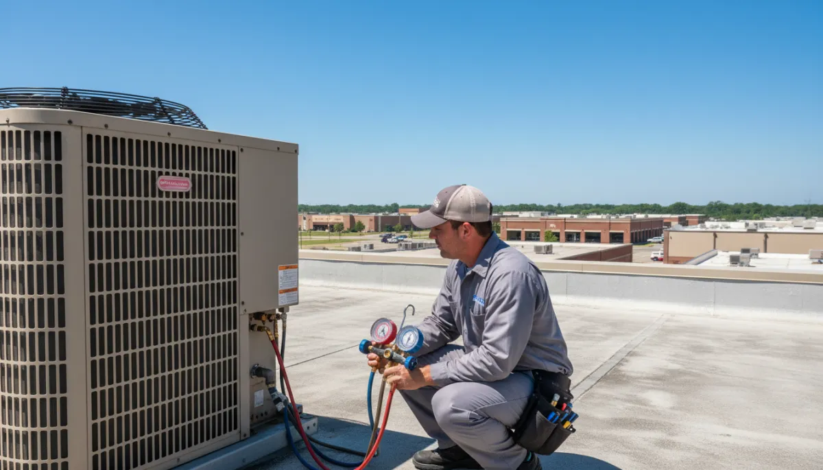 photorealistic HVAC technician in uniform checking refrigerant gauges on a large commercial rooftop AC unit at a North Mississippi business on a hot summer day, bright blue sky, low-rise commercial buildings in background