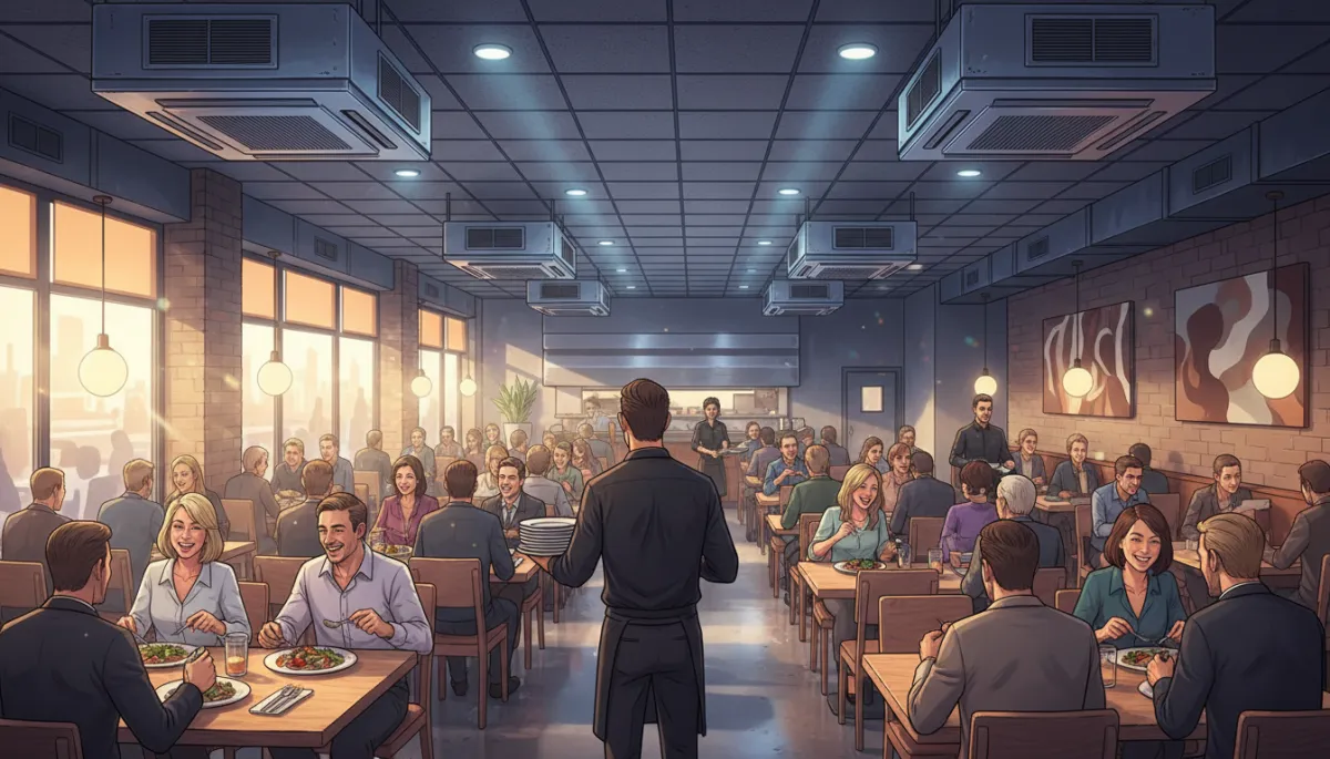photorealistic interior of a busy American restaurant dining room with ceiling-mounted commercial air vents and diffusers visible, customers dining comfortably, staff working, bright and cool atmosphere