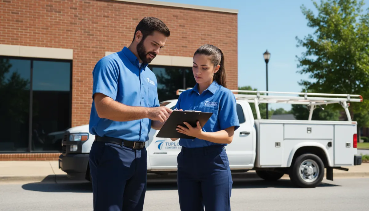 photorealistic scene of two HVAC technicians in branded uniforms reviewing service paperwork on a clipboard outside a Tupelo MS commercial building, white service truck with ladder rack in background, sunny day