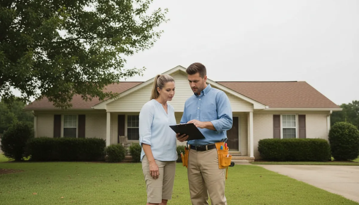 Electrician reviewing electrical work details with a Tupelo homeowner outside a ranch home