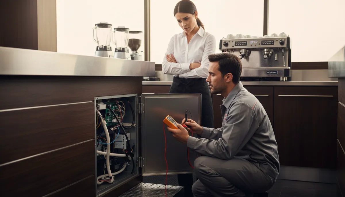 Technician testing electrical components on an undercounter commercial ice machine in a bar