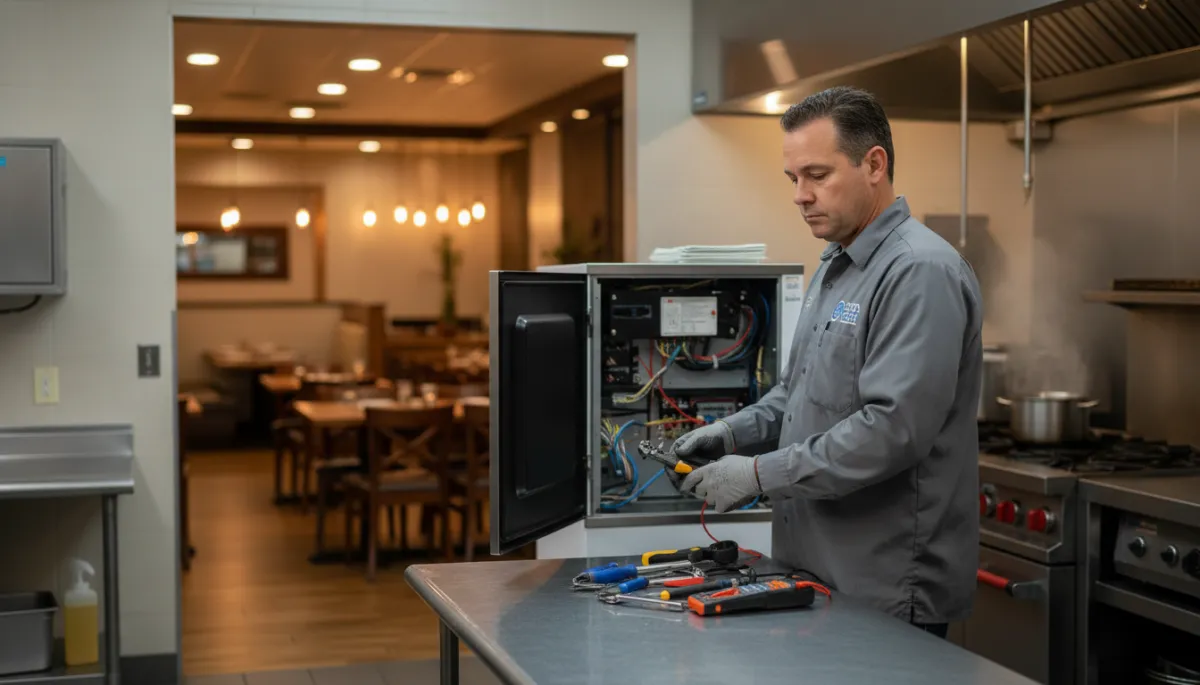 Experienced commercial kitchen equipment technician standing beside an open ice machine panel