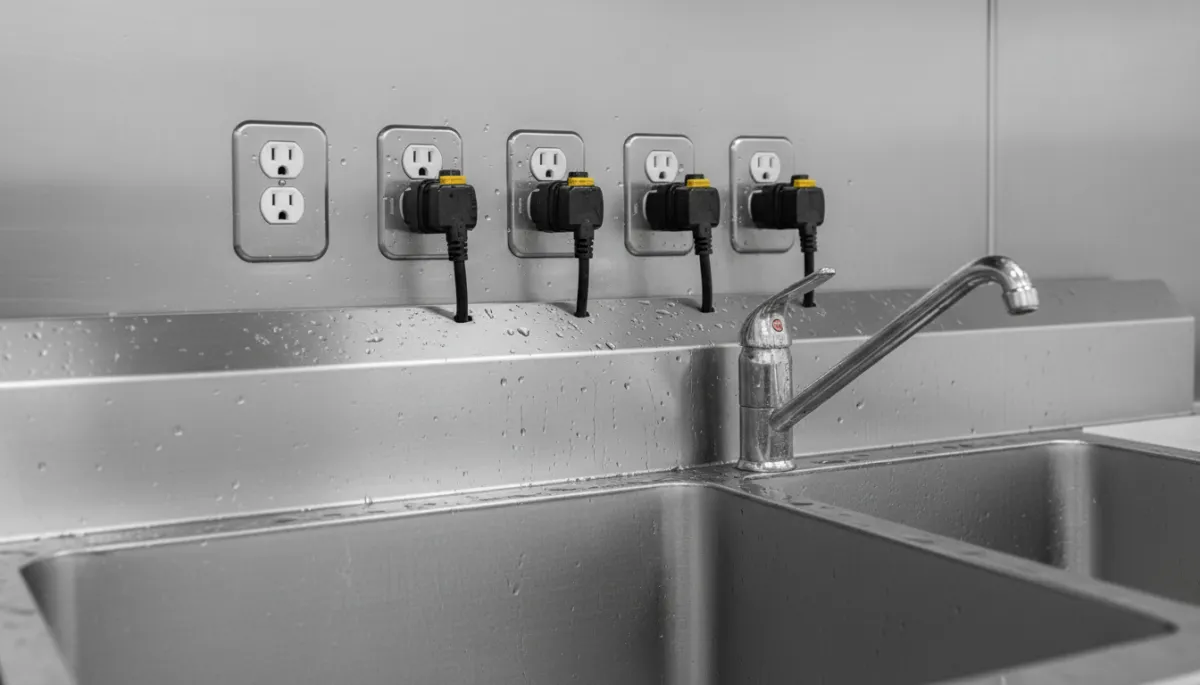 Photorealistic view of GFCI outlets installed near a commercial kitchen sink