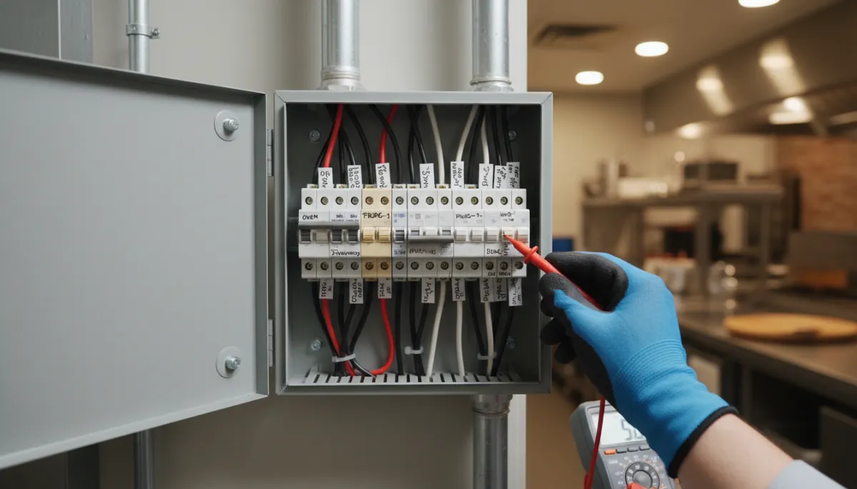 Photorealistic electrician inspecting a labeled commercial electrical panel