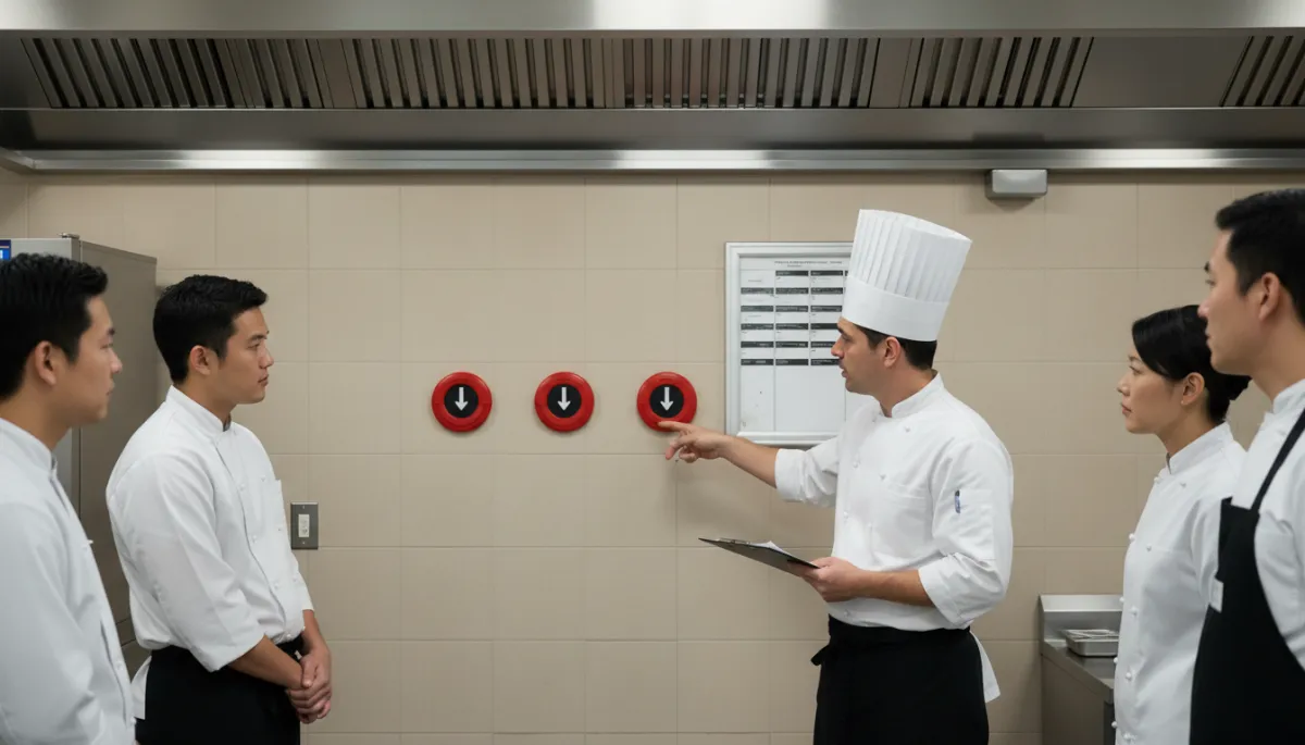 Photorealistic emergency shutoff switches and labeled panel directory in a kitchen