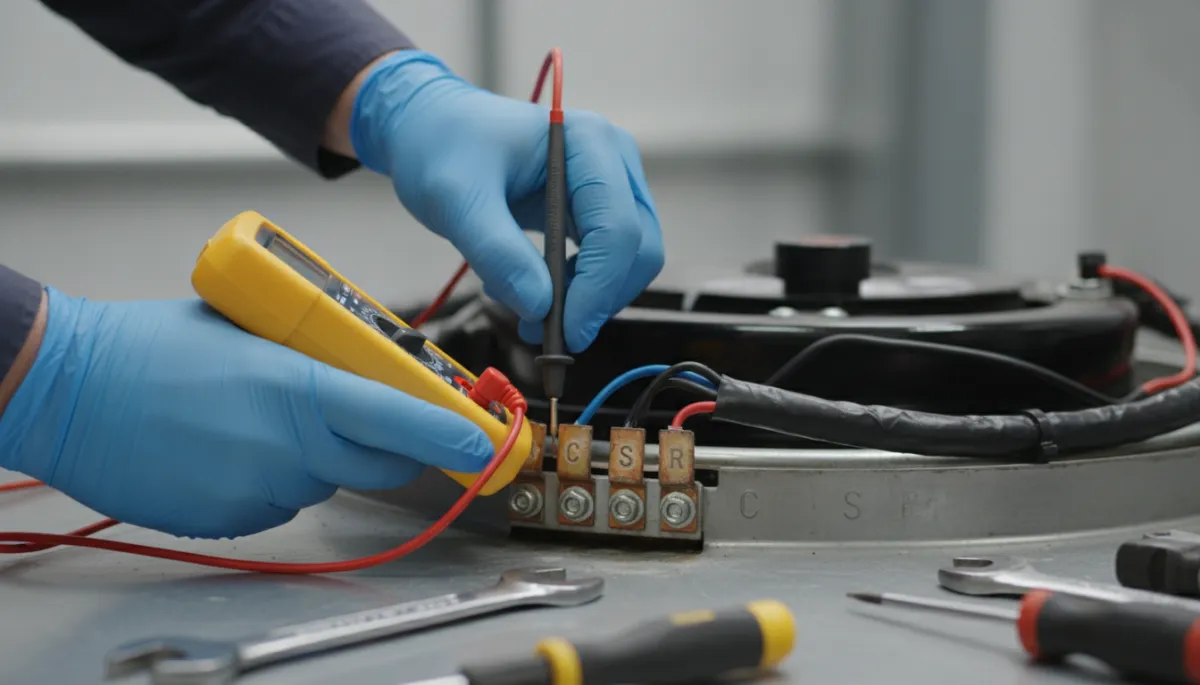 Technician using an ohmmeter on compressor terminals