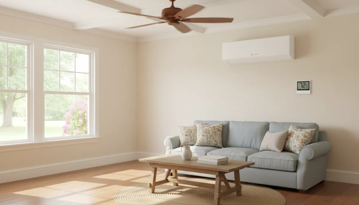 Photorealistic ductless mini-split head mounted high on a light-colored living room wall in a Southern-style Tupelo home, large windows with sunlight, ceiling fan, simple furniture, thermostat visible nearby