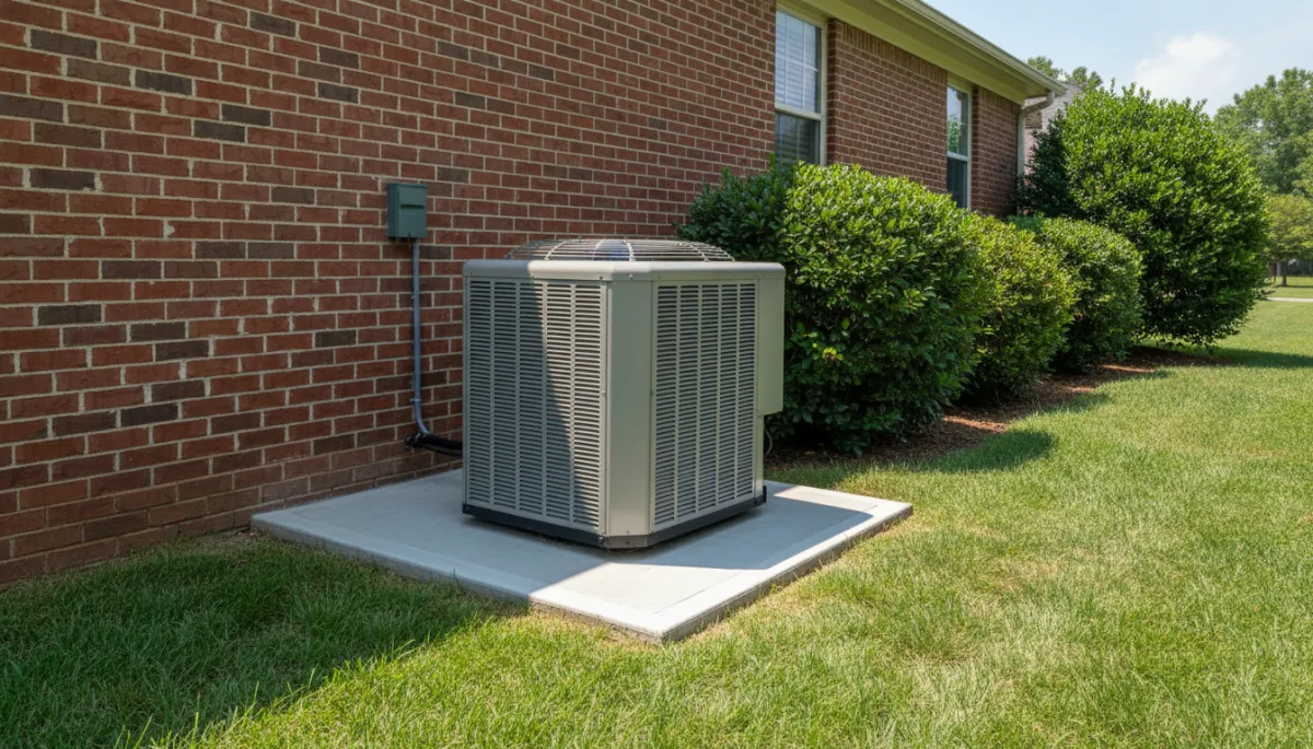 Photorealistic outdoor heat pump condenser unit next to a brick North Mississippi home, neatly poured pad, green lawn, shrubs, electrical disconnect box visible, bright summer daylight
