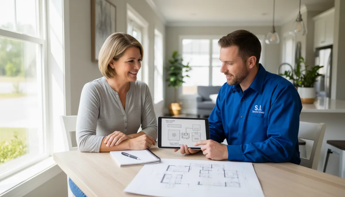 Photorealistic HVAC technician in branded S.I. Service Group style uniform sitting at a kitchen table with a Tupelo homeowner couple, reviewing heat pump and mini-split options on a tablet, floor plans and notepad on table, bright natural light