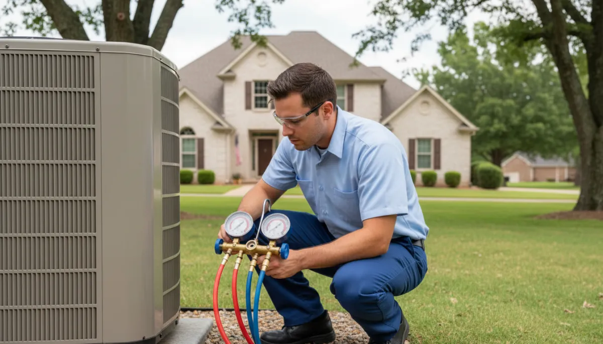 HVAC technician checking refrigerant levels with gauges on an outdoor AC unit
