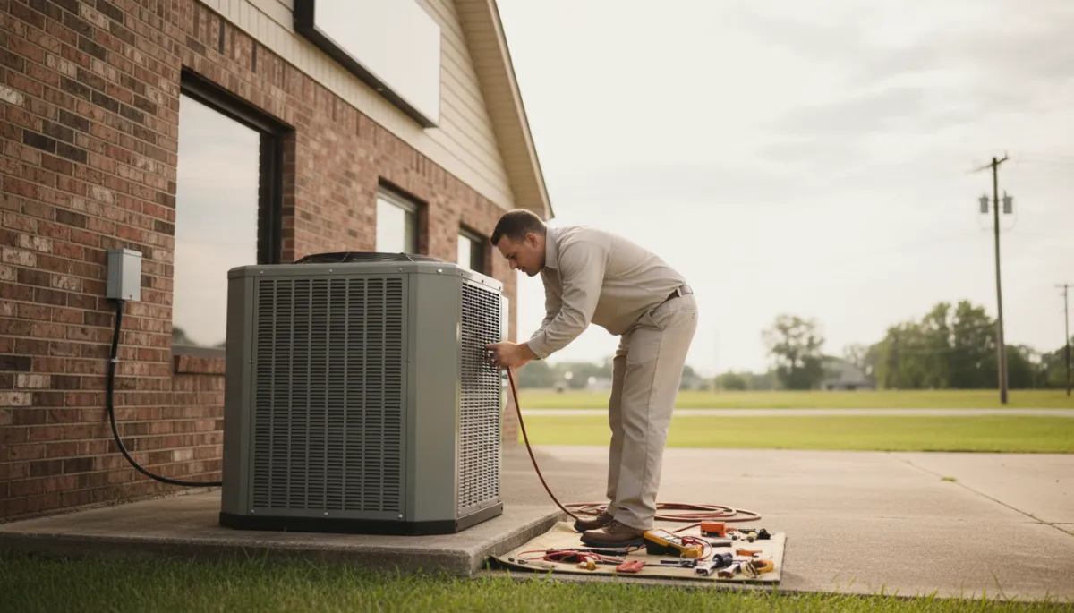 HVAC technician inspecting an outdoor condenser unit in summer conditions