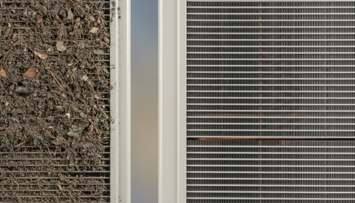 Comparison of dirty and clean condenser coils on an air conditioning unit