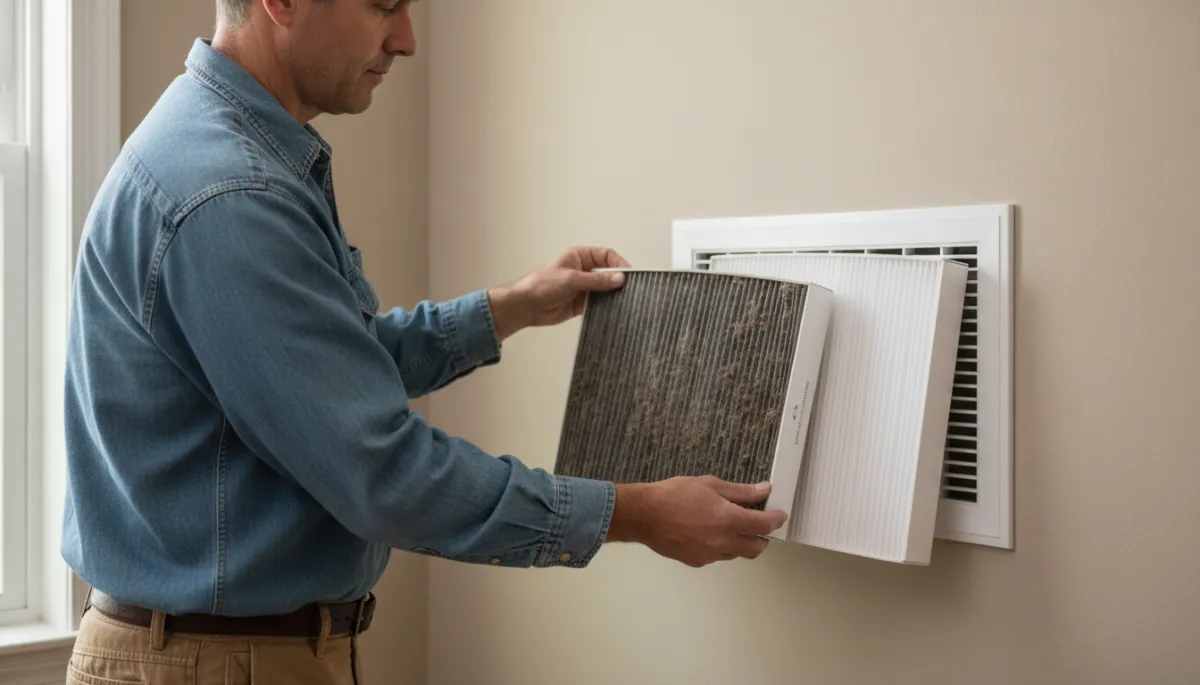 Homeowner replacing a central HVAC air filter in a wall return