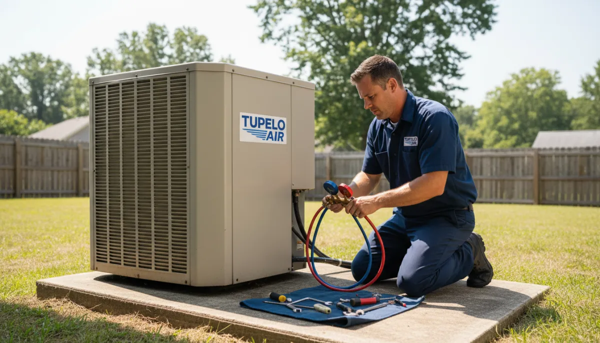 HVAC technician tuning up a residential outdoor air conditioning unit in summer