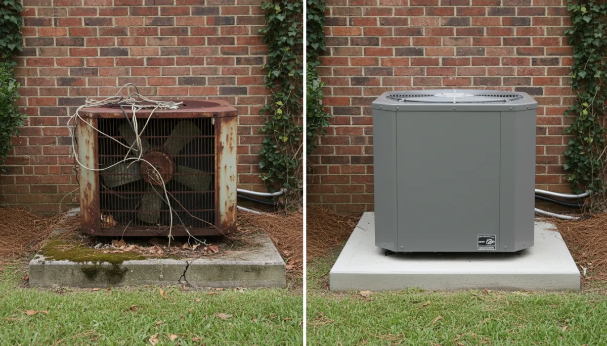 Old inefficient HVAC unit next to a new high-efficiency outdoor unit