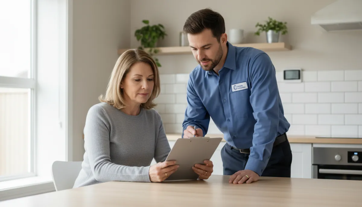 Homeowner reviewing an HVAC estimate with a professional technician at the kitchen table