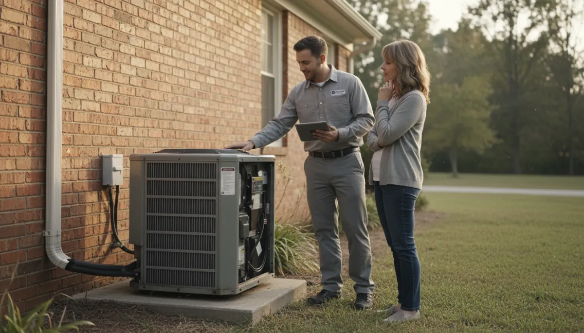 photorealistic neutral-color scene of an HVAC technician and homeowner standing beside an older outdoor AC unit next to a North Mississippi brick house, technician gesturing professionally toward the unit while explaining options, early evening light