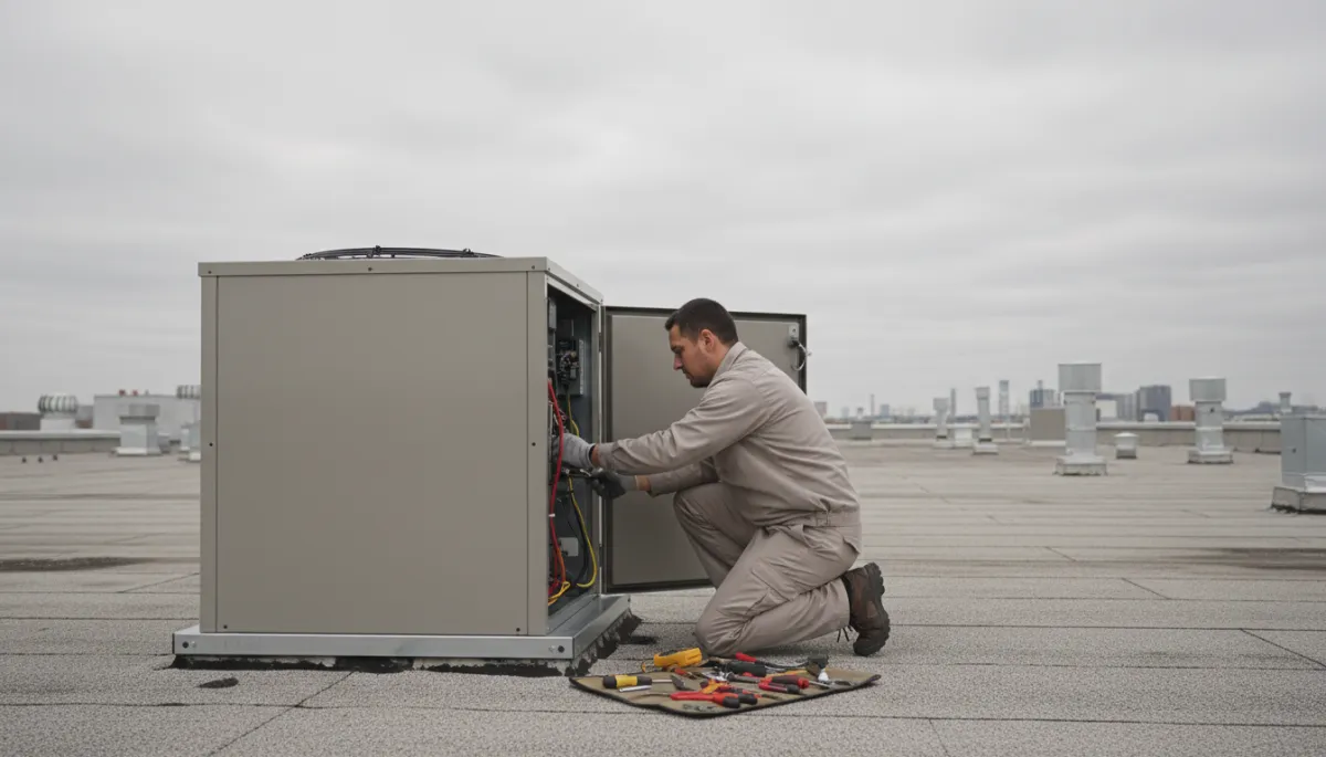 Technician servicing a commercial rooftop HVAC unit