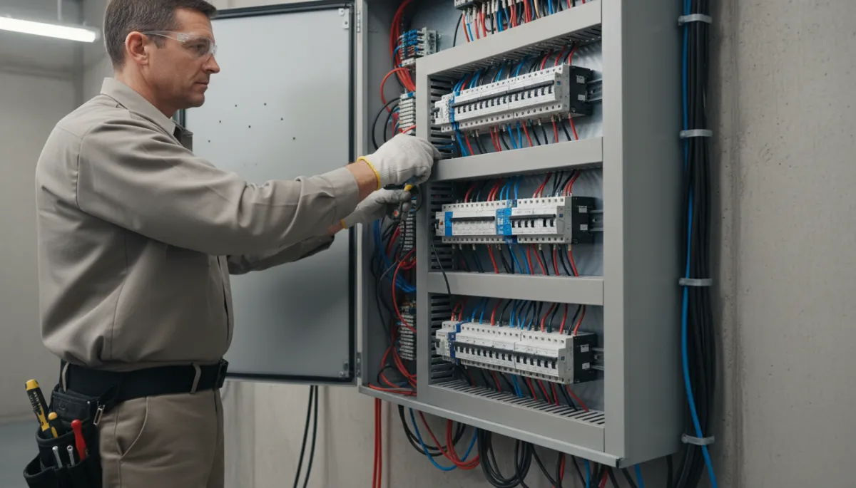 Licensed electrician working on a commercial three-phase electrical panel