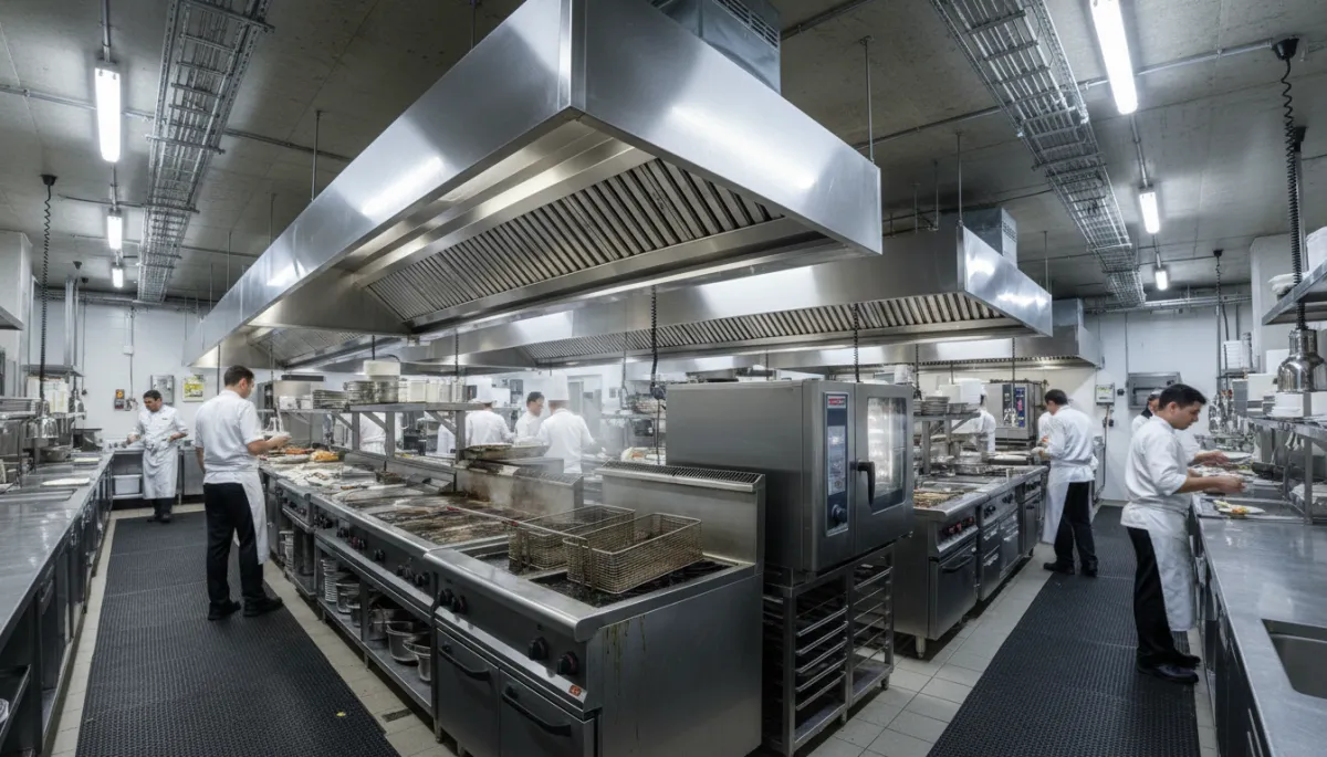 Commercial restaurant kitchen showing HVAC diffusers and electrical equipment