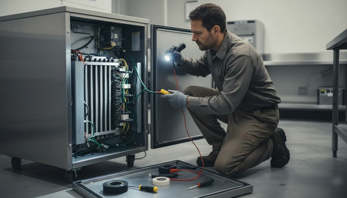 Technician inspecting components inside a commercial ice machine cabinet