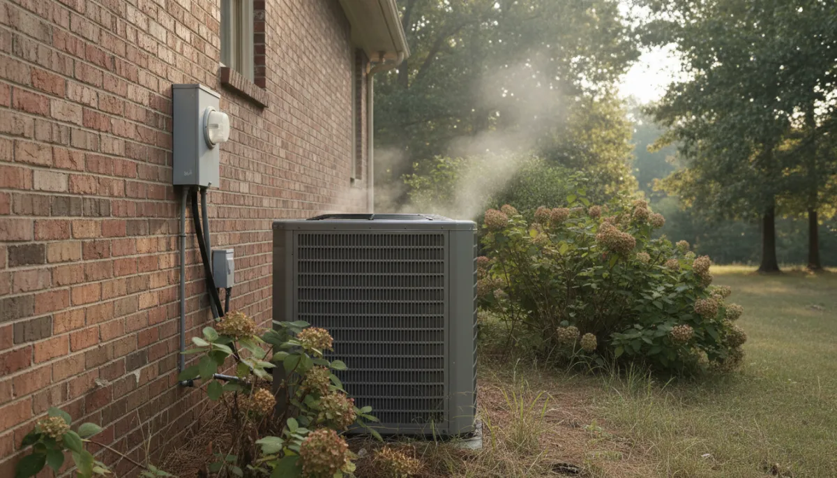 photorealistic outdoor AC condenser unit beside a brick North Mississippi home with a metal disconnect box mounted on the wall, visible summer heat shimmer off the unit, neutral color palette