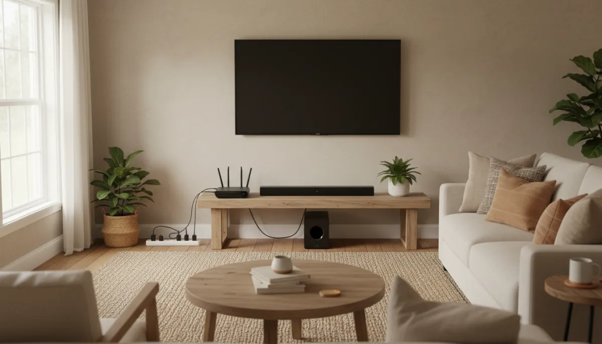 Home entertainment system connected to a surge-protected power strip