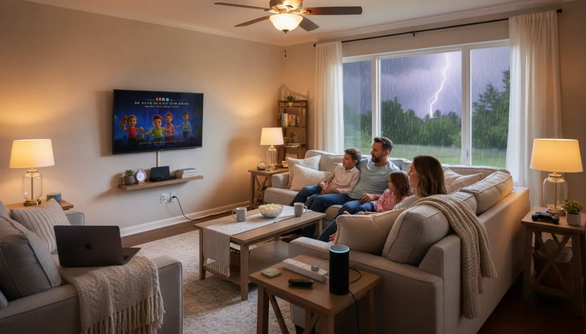 Family relaxing safely at home during a summer storm with protected electrical system