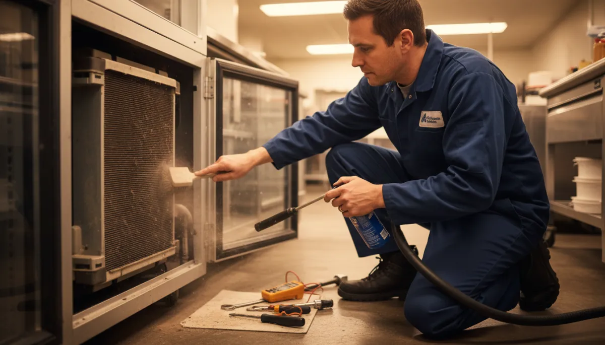Technician checking condenser coils on a commercial glass-door cooler