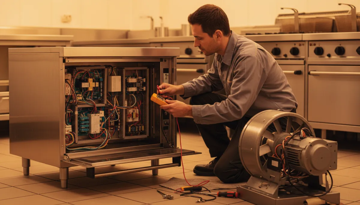 Technician testing components inside a commercial convection oven