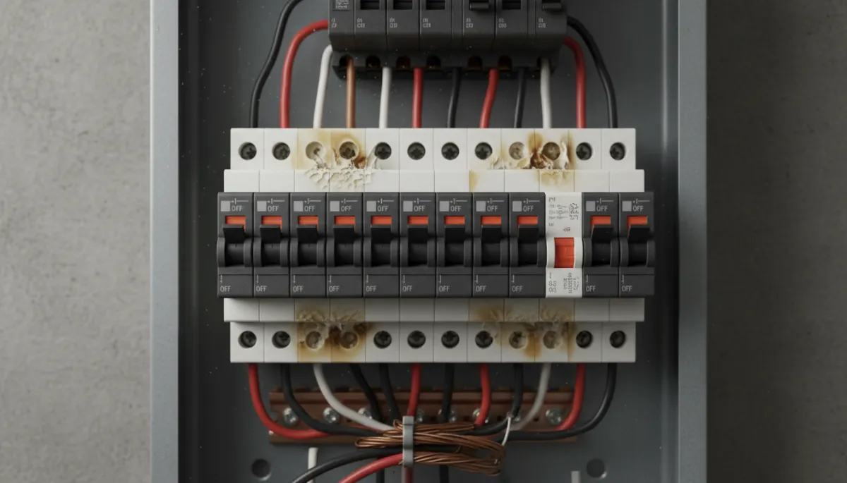 Close-up of breaker panel with tripped breakers and signs of heat