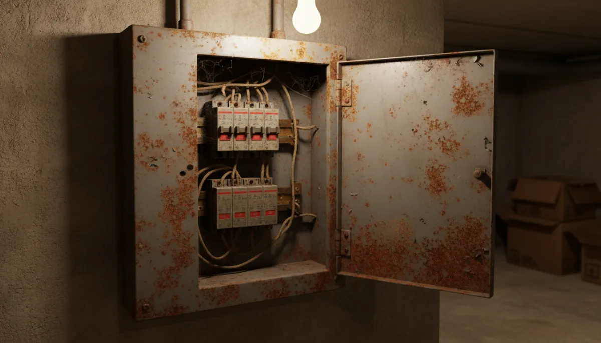 Old worn electrical panel with rust and older style breakers