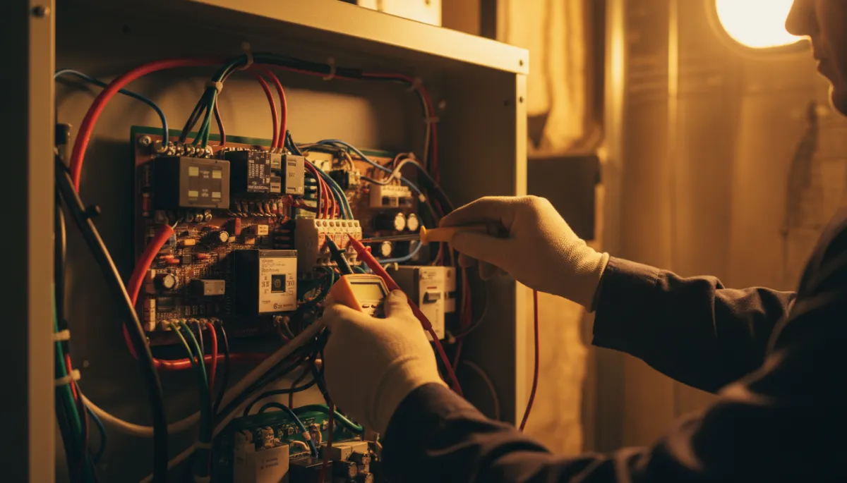 HVAC technician working on a heat pump control panel