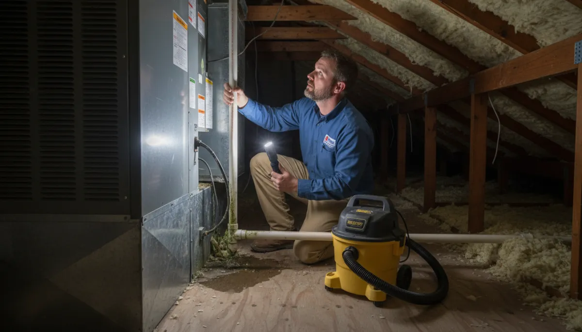 Technician checking an HVAC condensate drain line in an attic