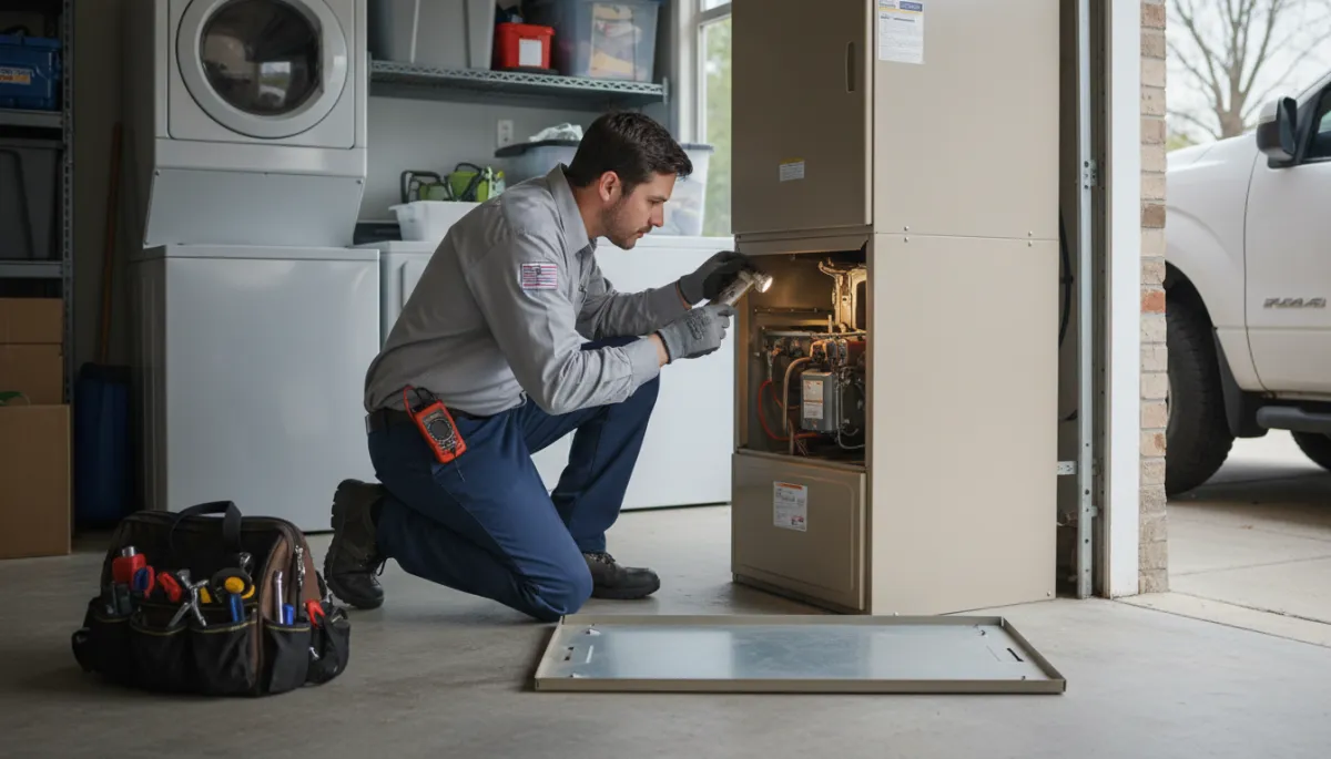 Technician inspecting a gas furnace burner and igniter