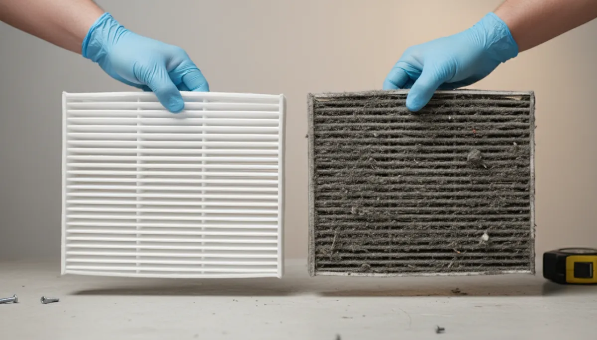 Clean HVAC filter next to a dirty clogged filter