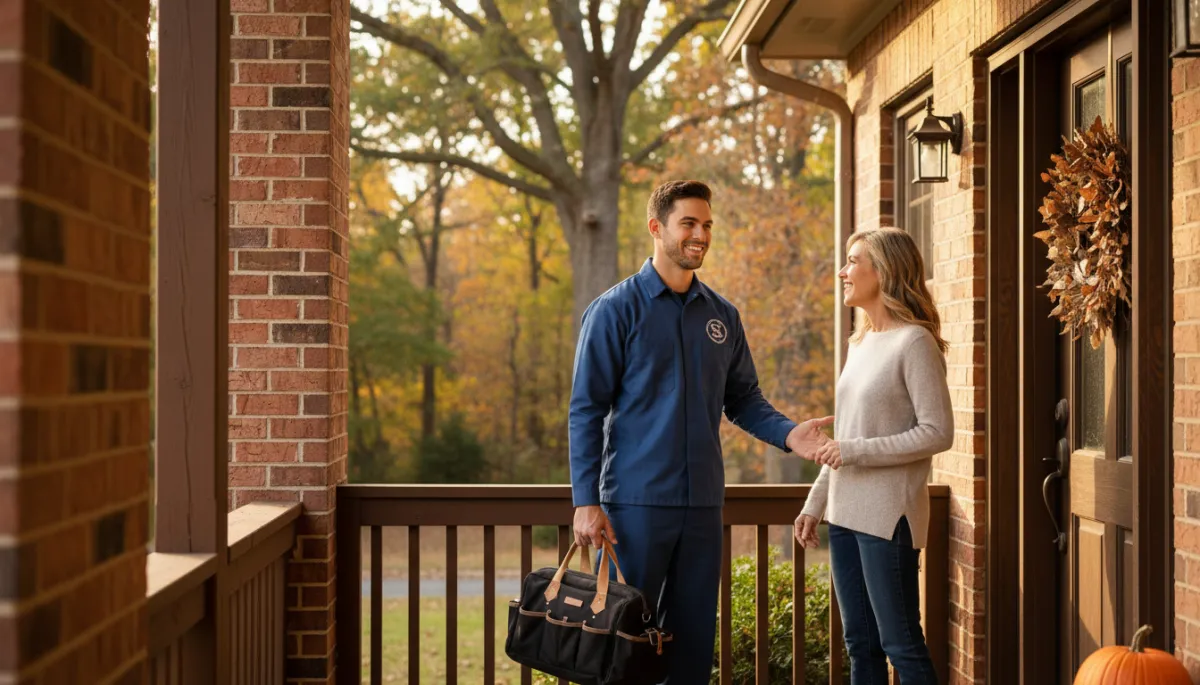 Friendly HVAC technician at a Mississippi home front door ready to help