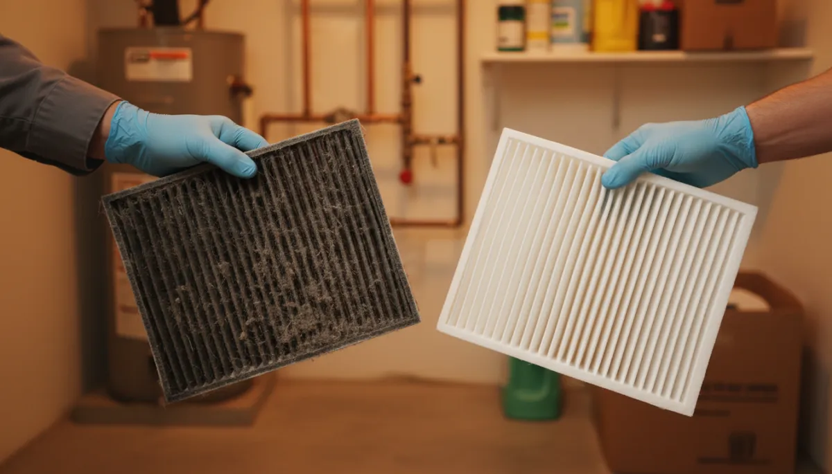 Technician holding a dirty furnace filter next to a clean one