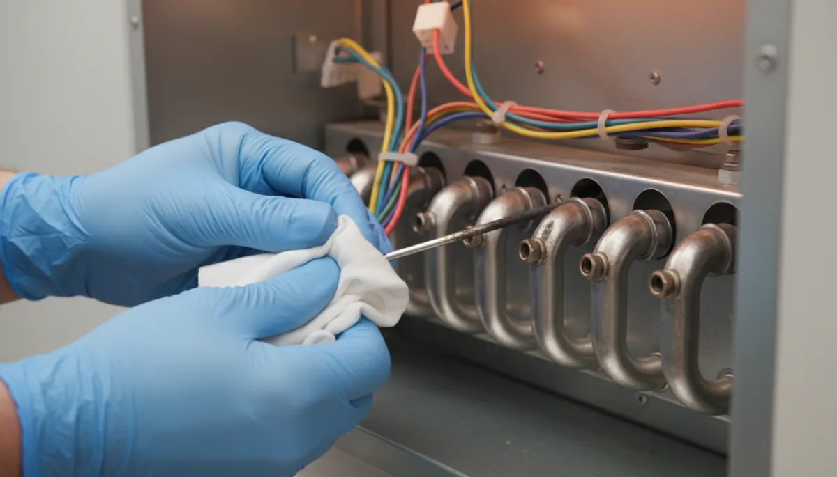 HVAC technician cleaning a dirty flame sensor in a gas furnace
