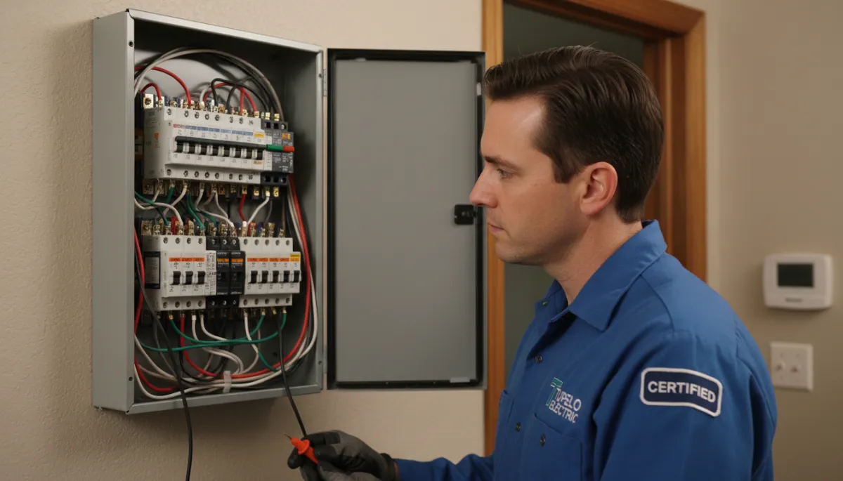 Electrician inspecting an open electrical panel in a Tupelo home