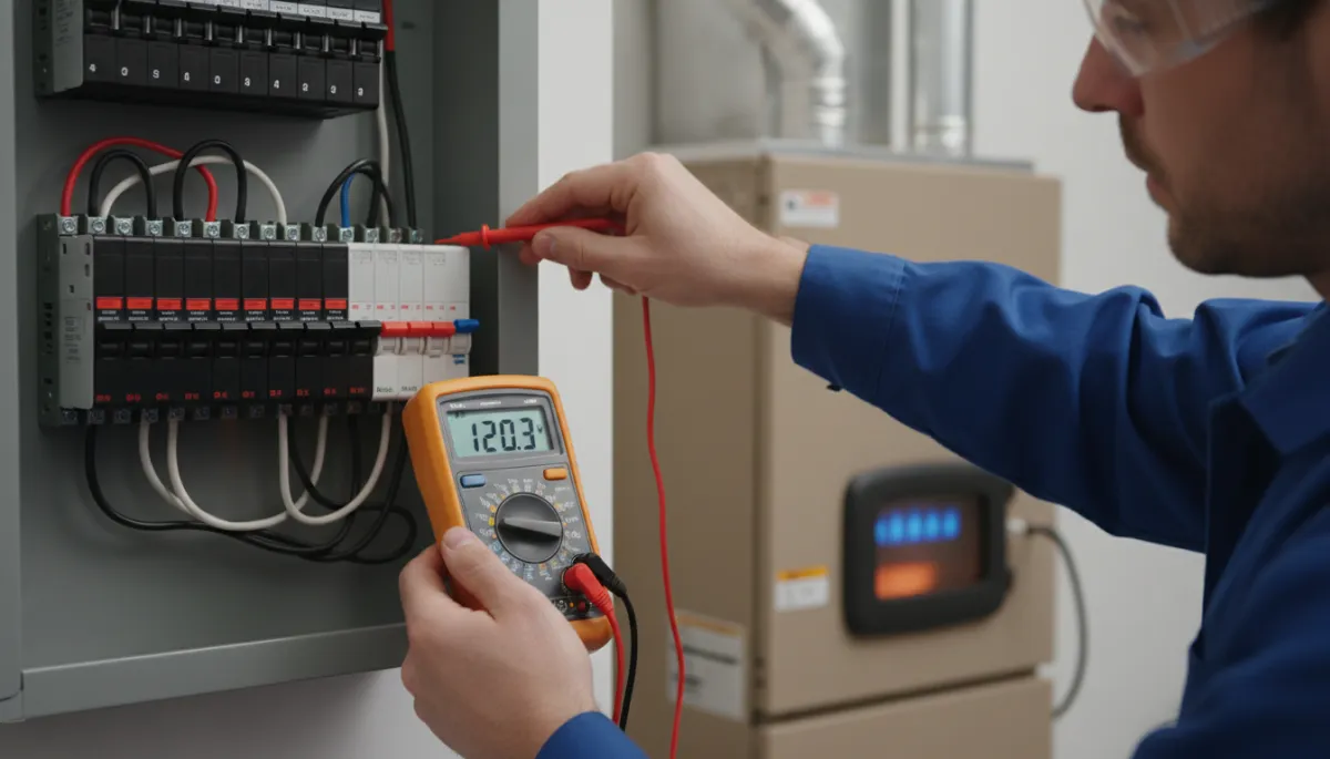Electrician checking voltage at a breaker panel while the heater runs