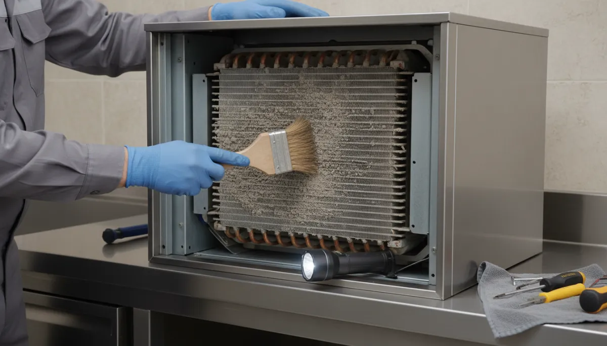 Technician cleaning a dirty condenser coil on a commercial ice machine
