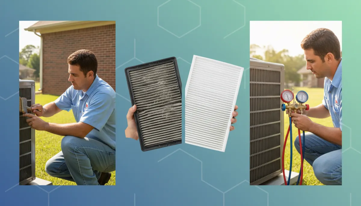 HVAC technician performing an AC tune-up on an outdoor unit at a Tupelo MS home in summer