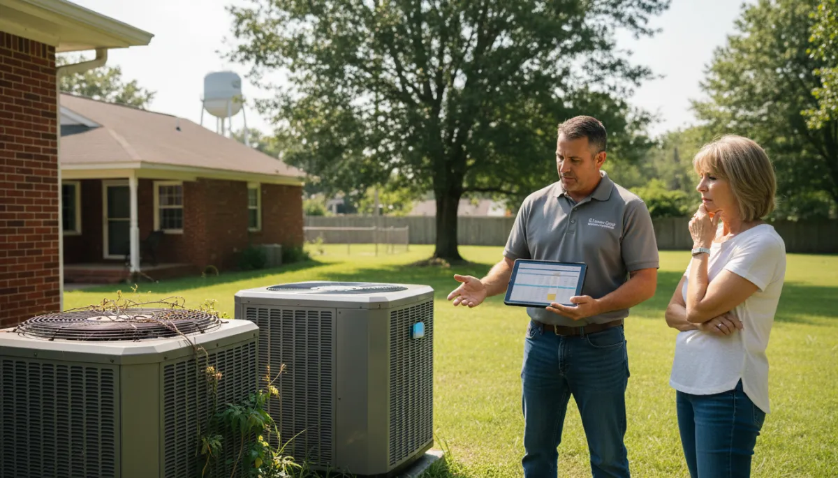 HVAC technician explaining AC repair vs replacement options to a homeowner in Tupelo MS
