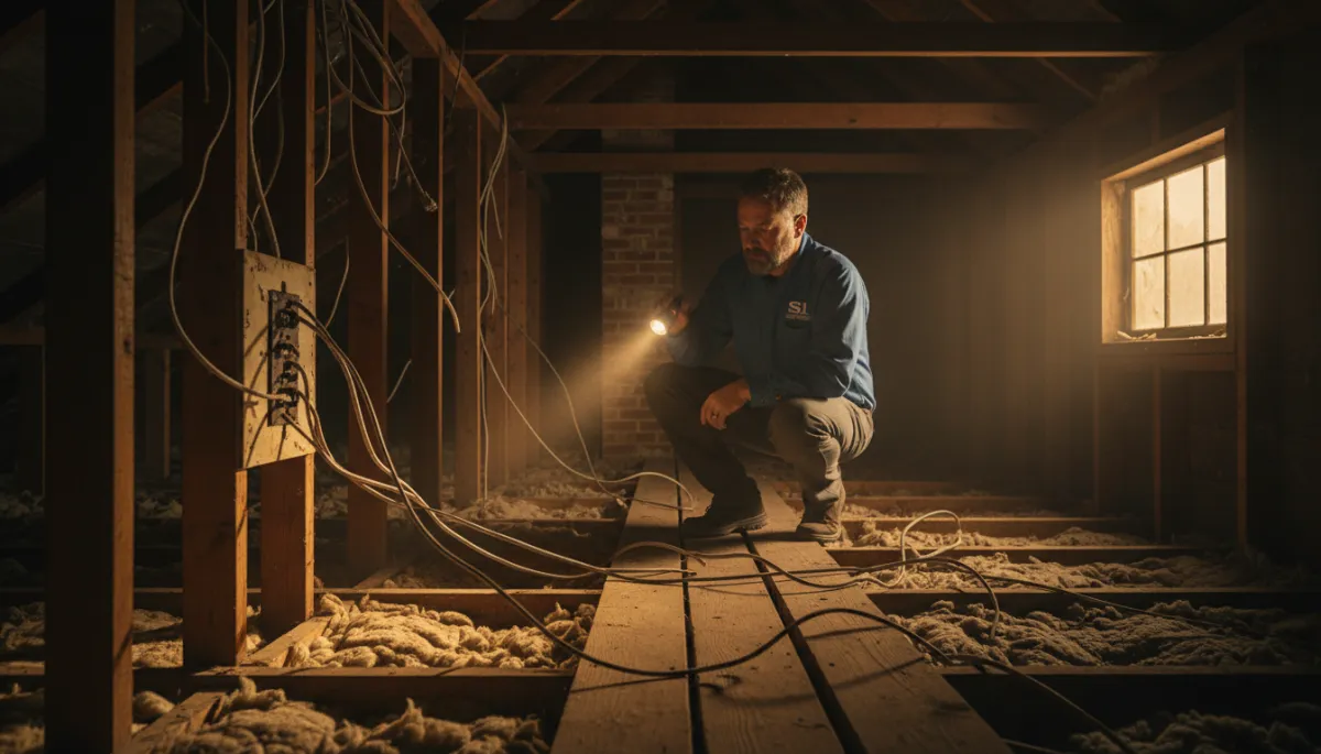 Licensed electrician inspecting wiring in older Tupelo Mississippi home during rewire