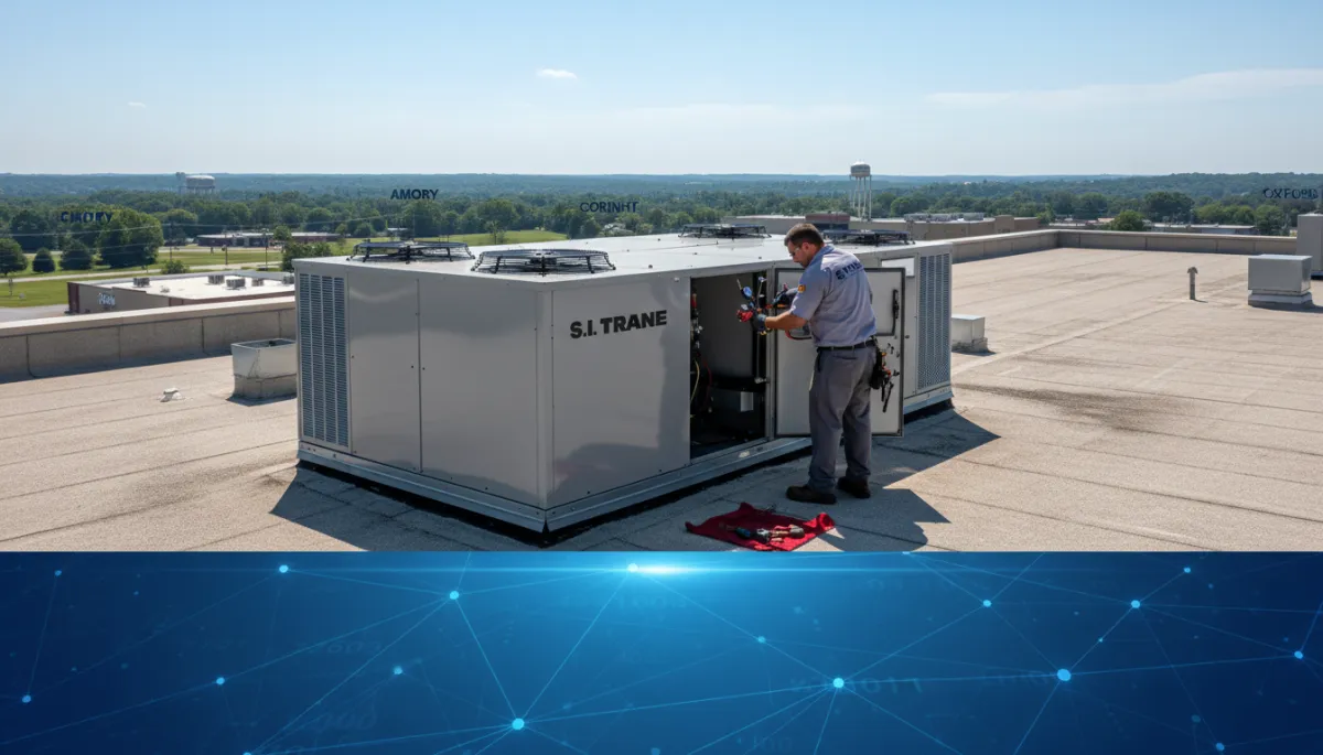 HVAC technician servicing commercial rooftop unit at Tupelo Mississippi business