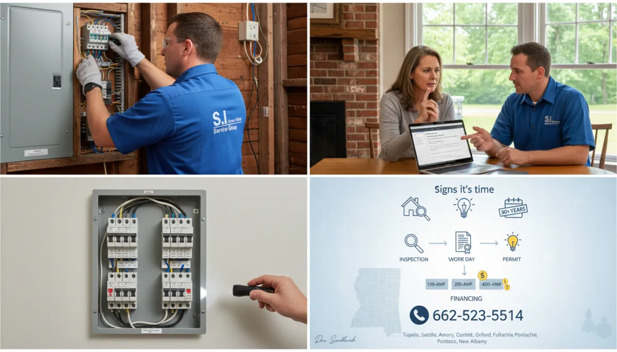 Electrician installing new 200-amp panel upgrade in older Tupelo Mississippi home